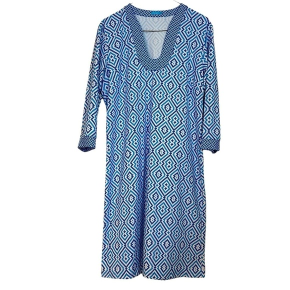 J. McLaughlin Dress Catalina Nylon Cloth Aztec Blue & White Beachy Coastal Sz L - Picture 2 of 14
